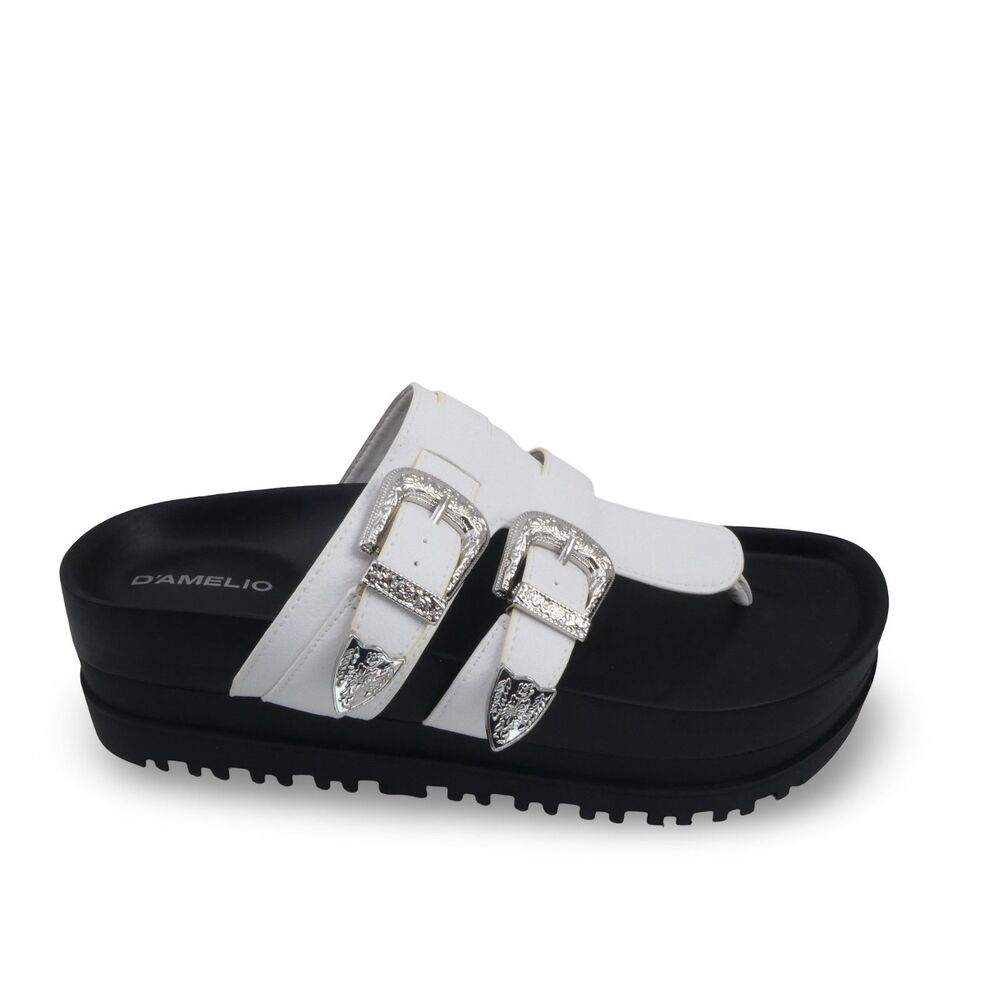 D'AMELIO Women’s 9 Nyra Bright White Faux Leather Thong Buckle Flatform Sandals